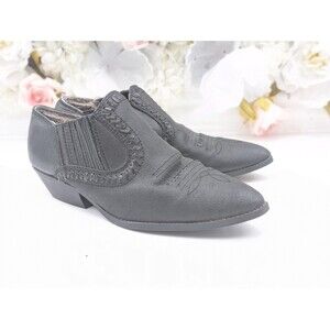 Western Black Leather Pointed Toe Cowboy Ankle Low Heel Bootie Size 6